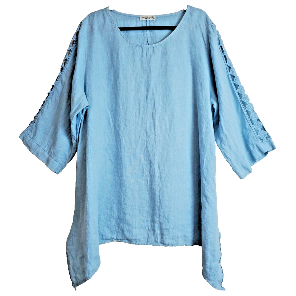 Light Blue Women's Linen Tunic with Crochet Sleeve Detail